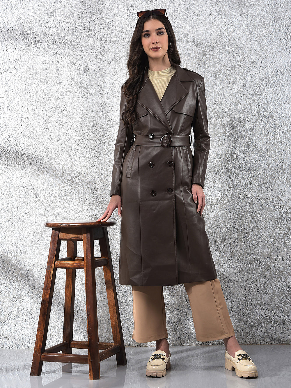 Brown Notched Lapel Leather Overcoat With Belt