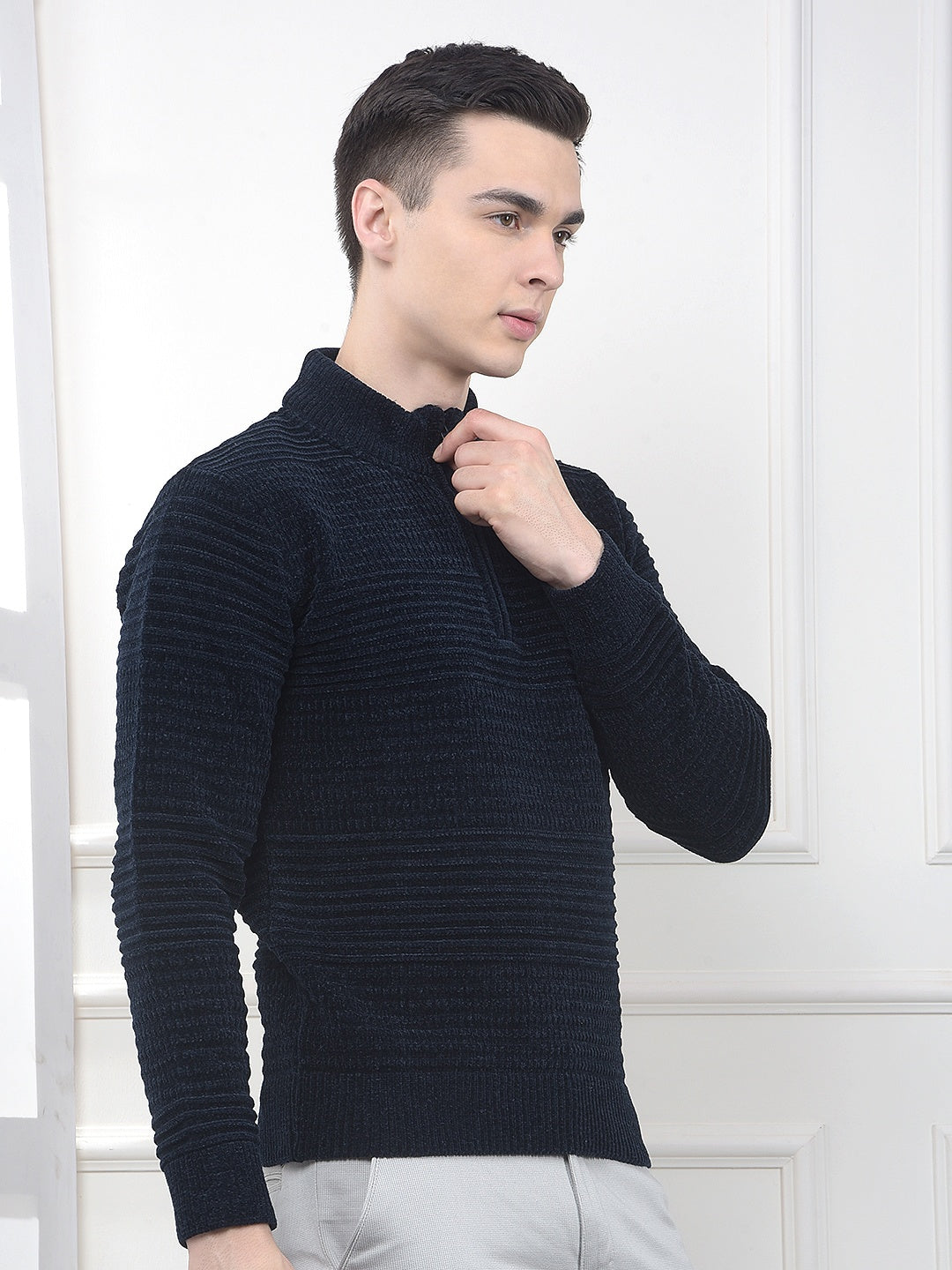 Navy Blue Jacquard Knitted Sweater