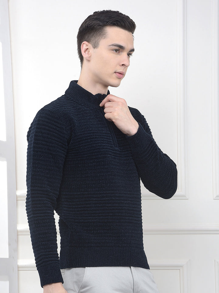 Navy Blue Jacquard Knitted Sweater
