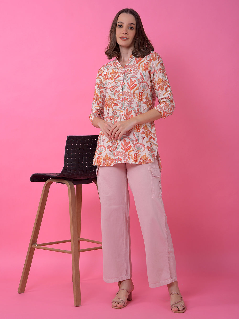 Orange Floral Print V-Neck Top