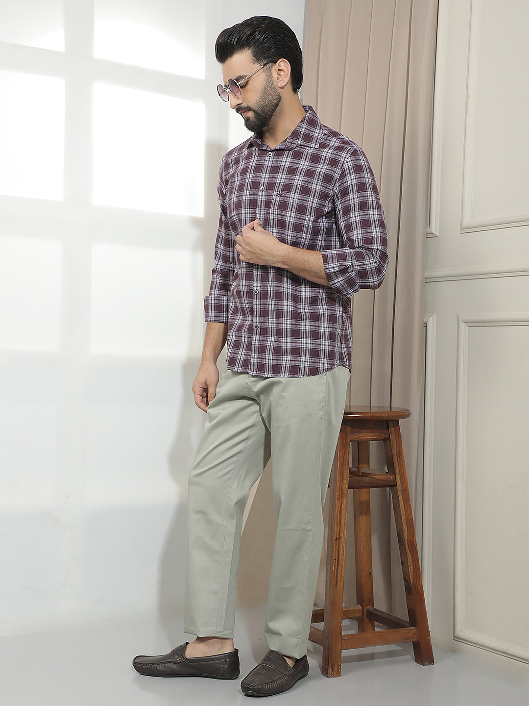 Wine 100% Cotton Checked Shirt