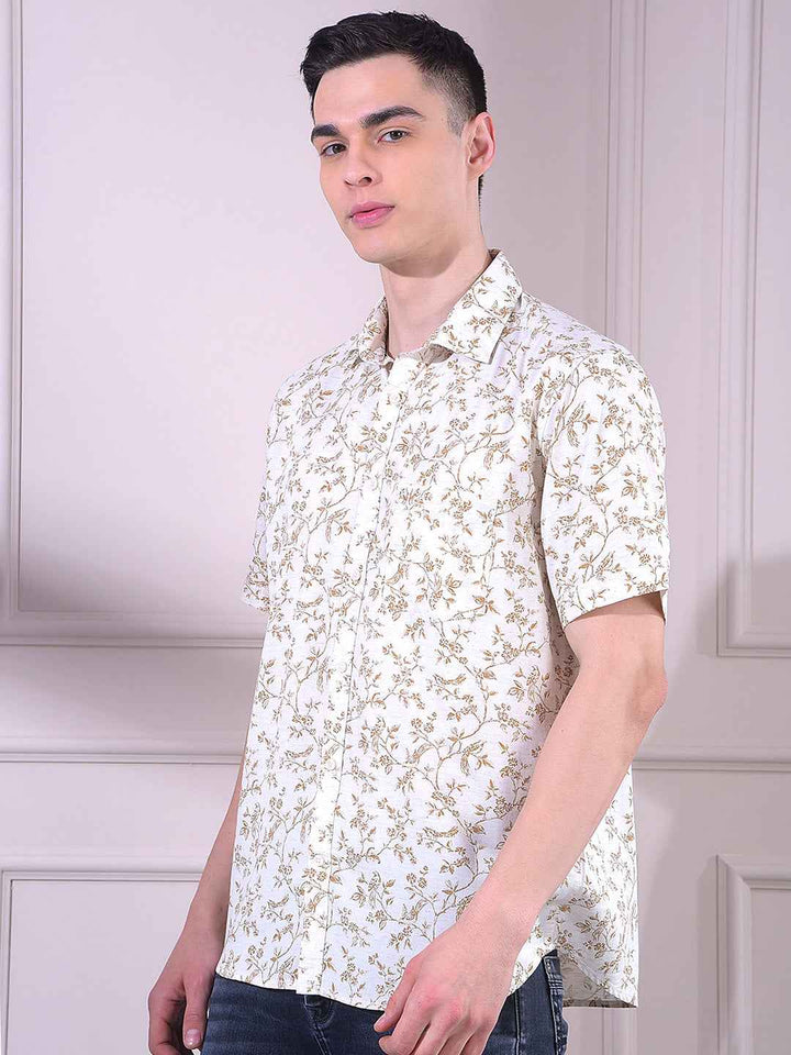 Brown Linen Floral Print Shirt