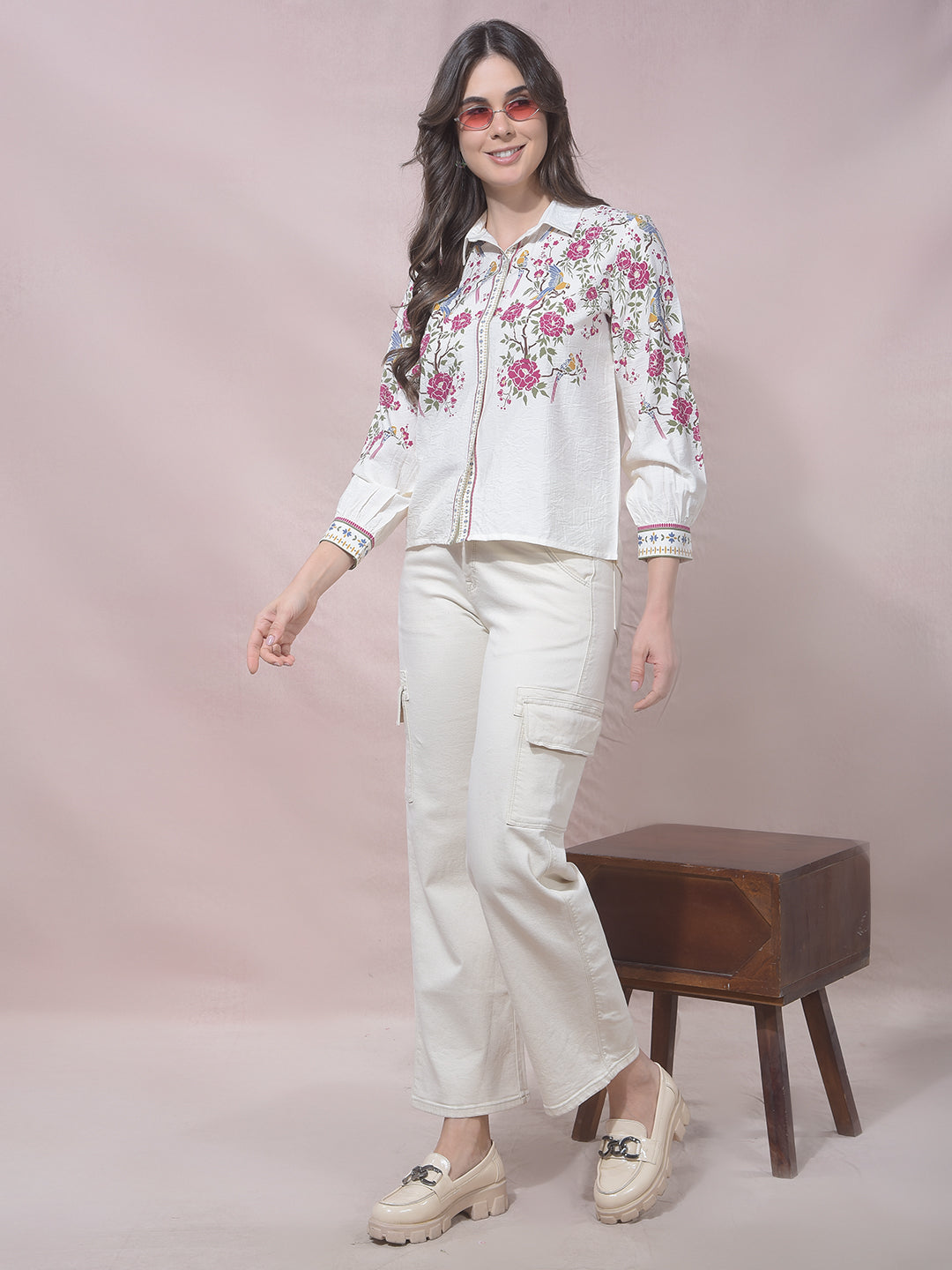 Off White Floral Print Shirt