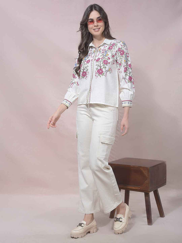Off White Floral Print Shirt