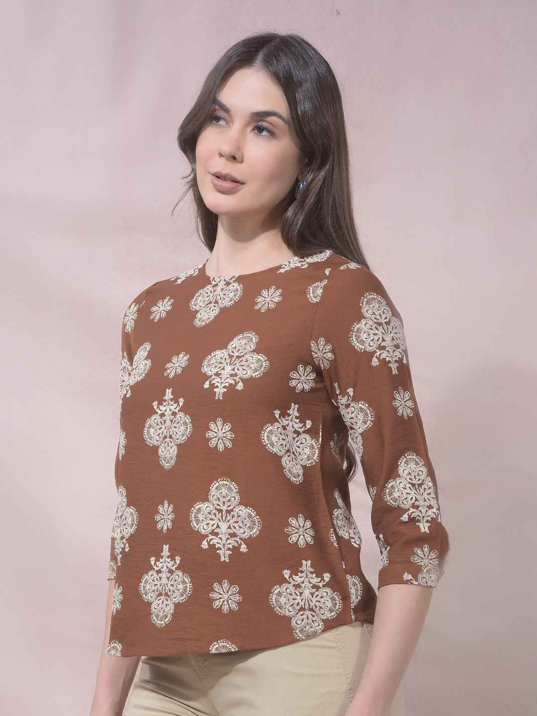 Brown Buti Embroidered Top