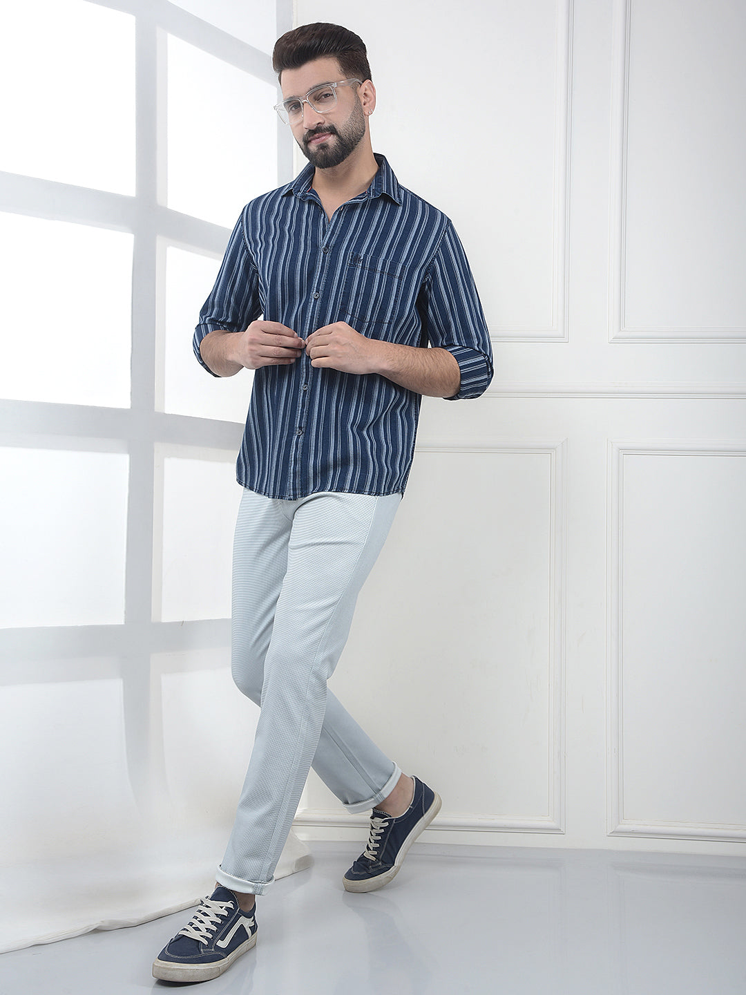 Navy Blue Vertical Striped 100% Cotton Shirt