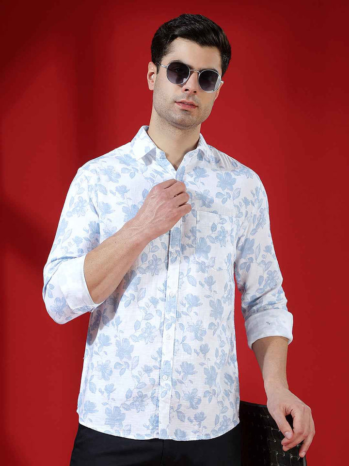 Blue Floral Print 100% Cotton Shirt
