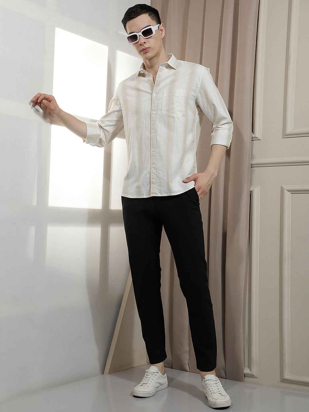 Beige Vertical Stripes 100% Cotton Shirt