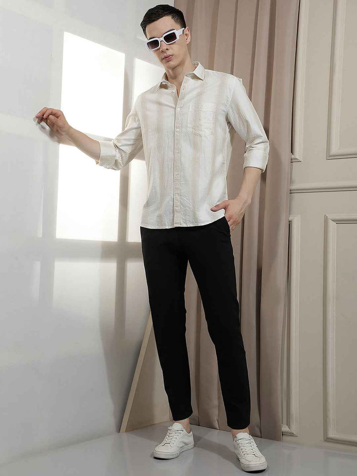 Beige Vertical Stripes 100% Cotton Shirt