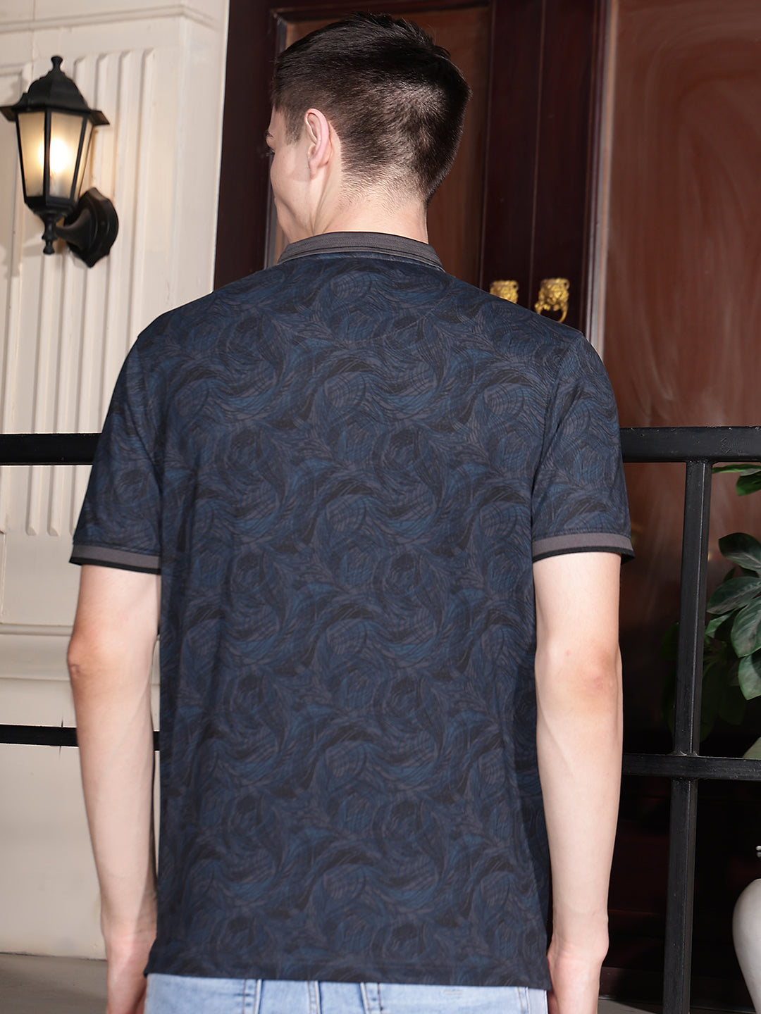 Navy Blue Printed Polo Neck T-Shirt