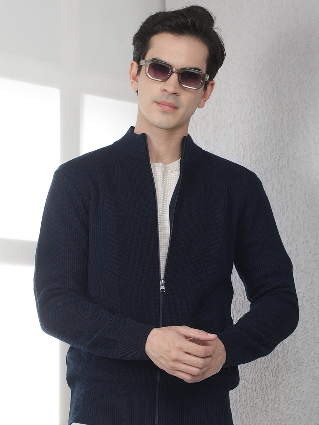 Navy Blue Jacquard Knitted Cardigan