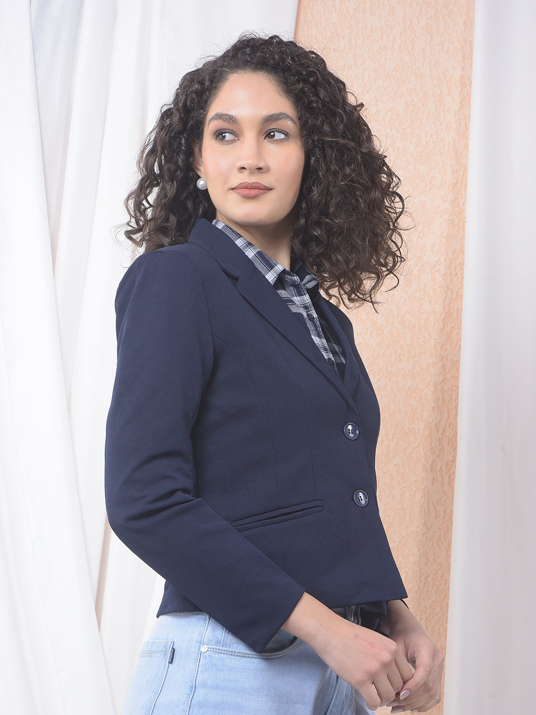 Navy Blue Notched Lapel Single-Breasted Blazer