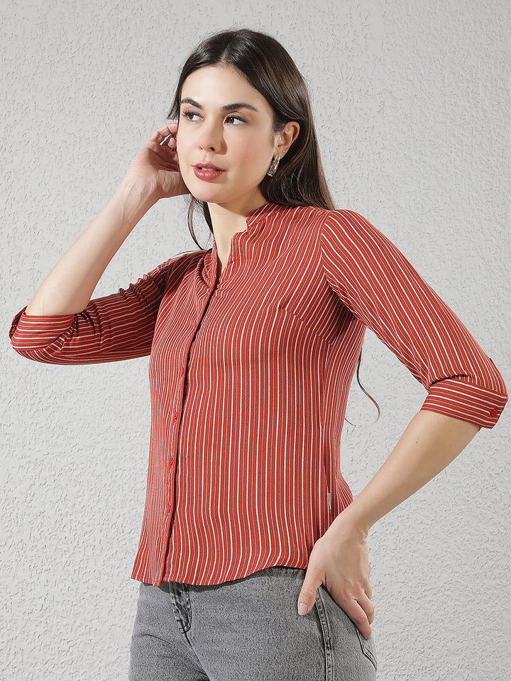 Red Vertical Striped V-Neck Shirt