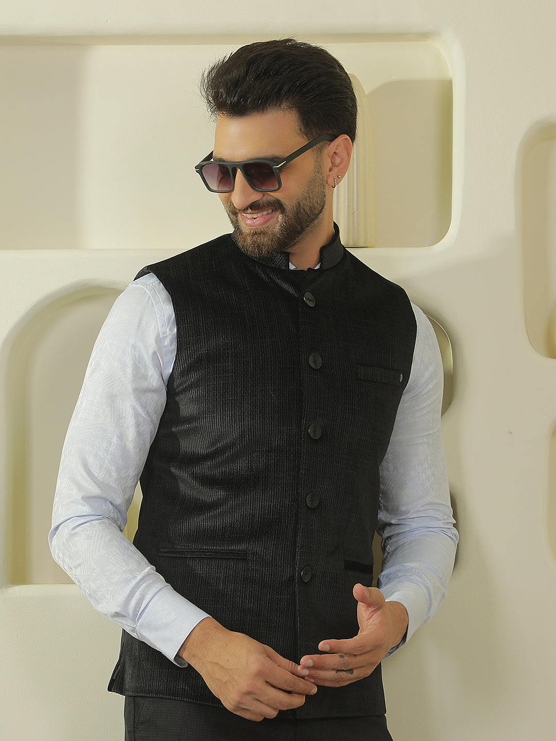 Black Textured Sleeveless Waistcoat