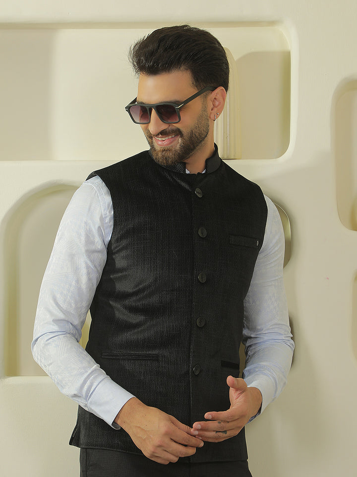Black Textured Sleeveless Waistcoat
