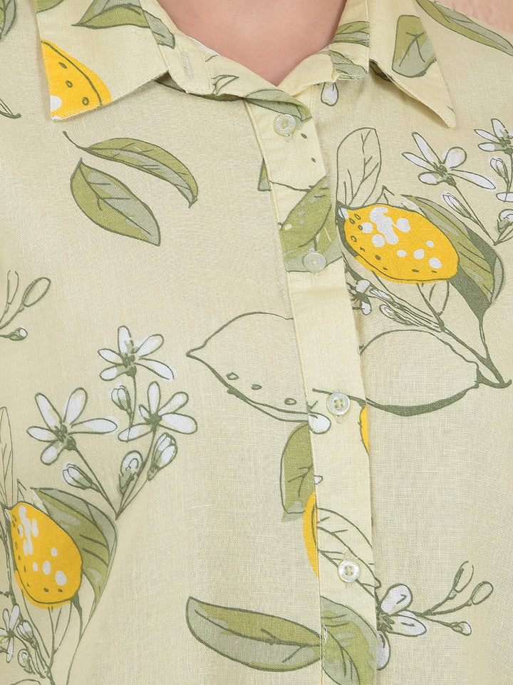 Printed Linen Yellow Crop Shirt With Extended Sleeves