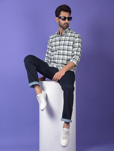 Green Checked 100% Cotton Button-Down Collar Shirt