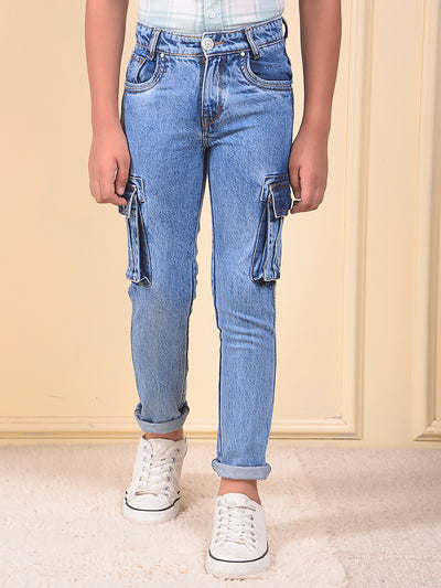 Blue 100% Cotton Straight Cargo Jeans