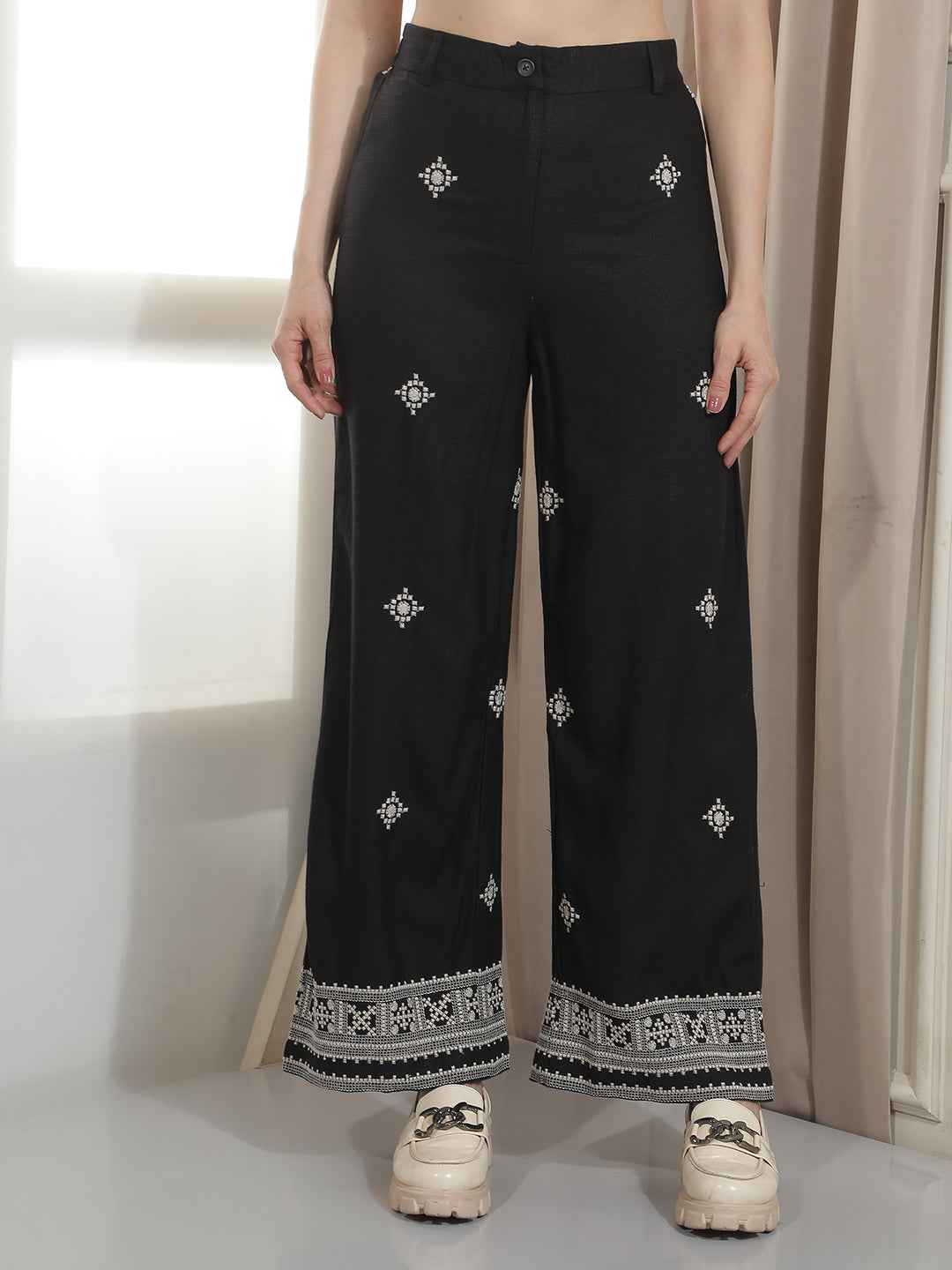 Black Embroidered Wide Leg Trousers