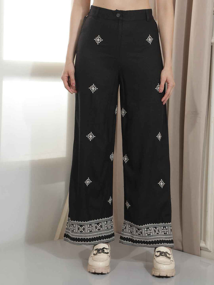 Black Embroidered Wide Leg Trousers