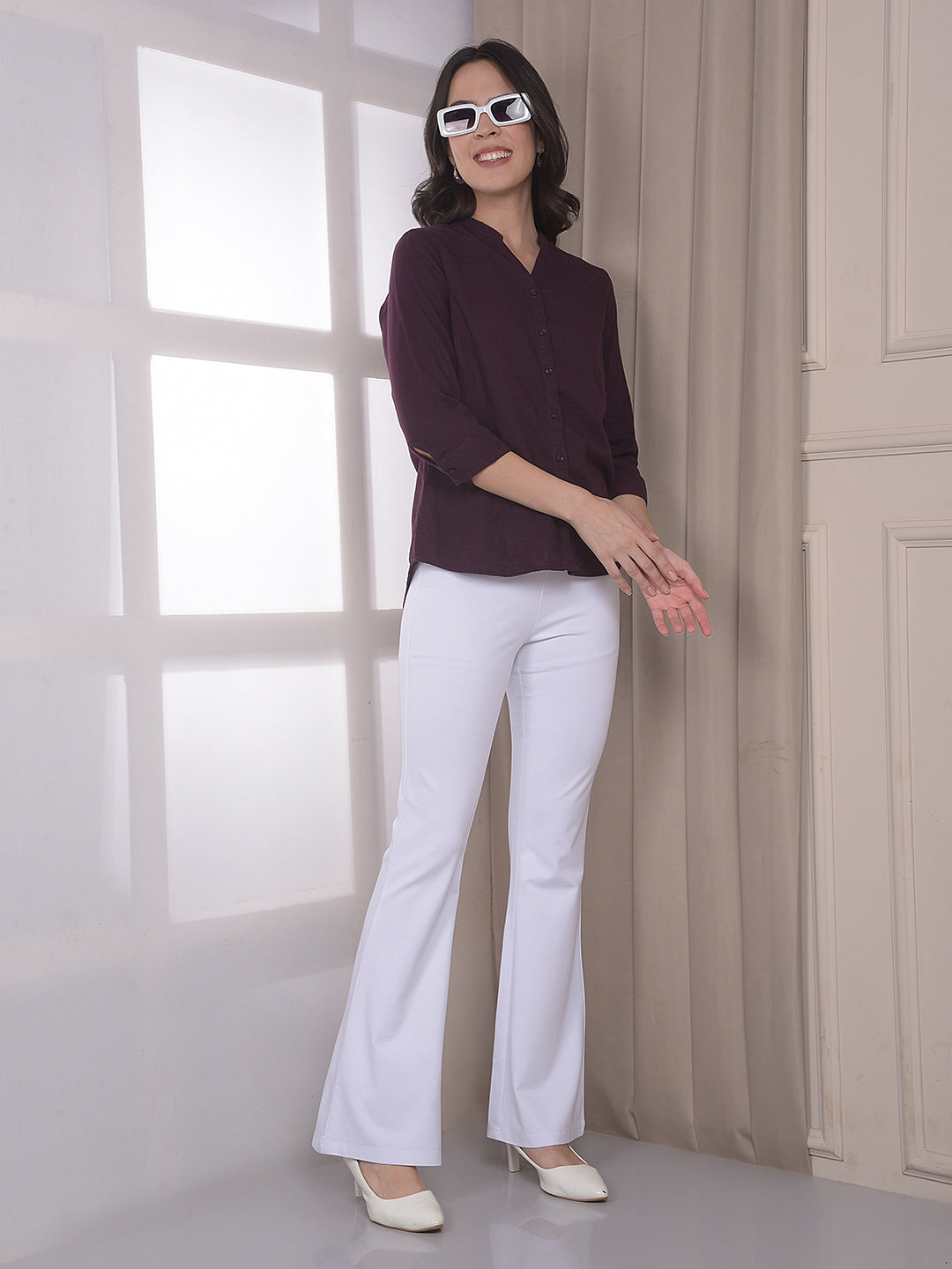 Wine V-Neck 100% Cotton Shirt