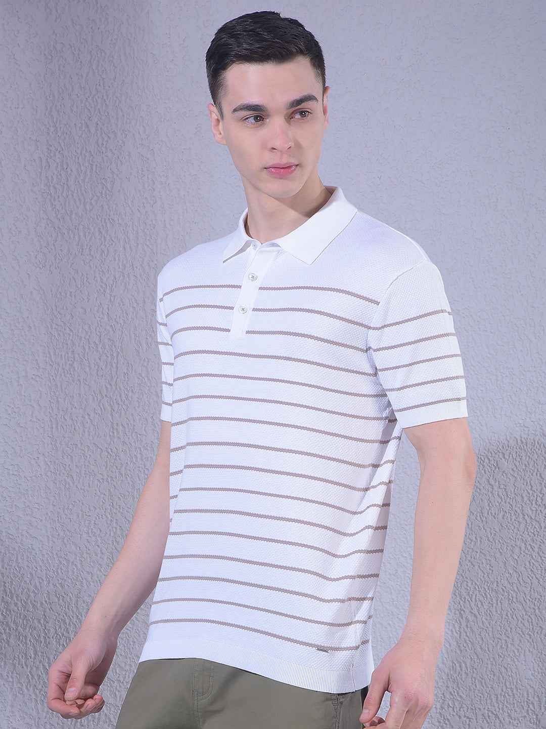 White Horizontal Stripes Polo Neck T-Shirt