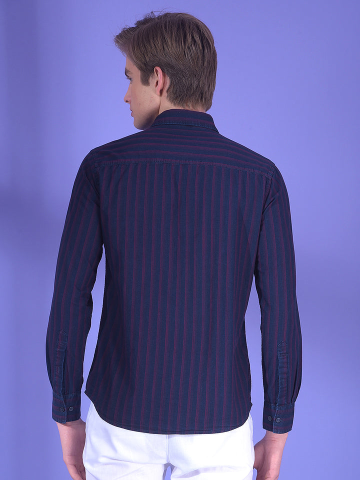 Navy Blue Vertical Stripes 100% Cotton Shirt
