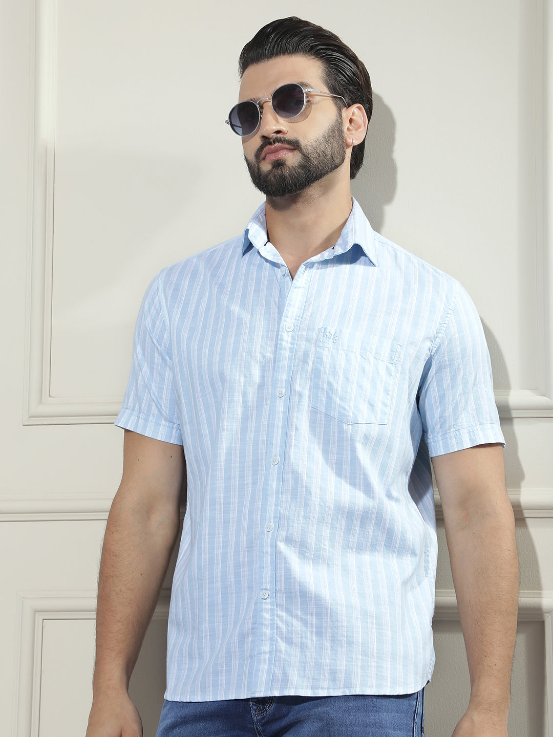 Blue Vertical Striped 100% Cotton Shirt