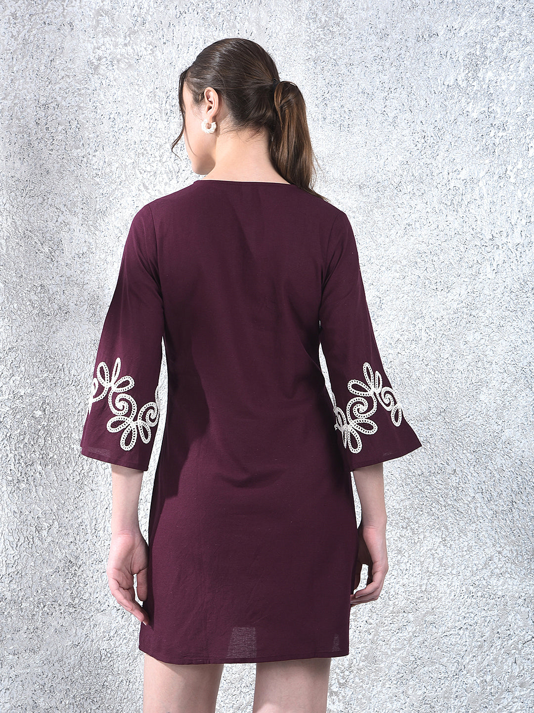 Wine Embroidered Mini Dress