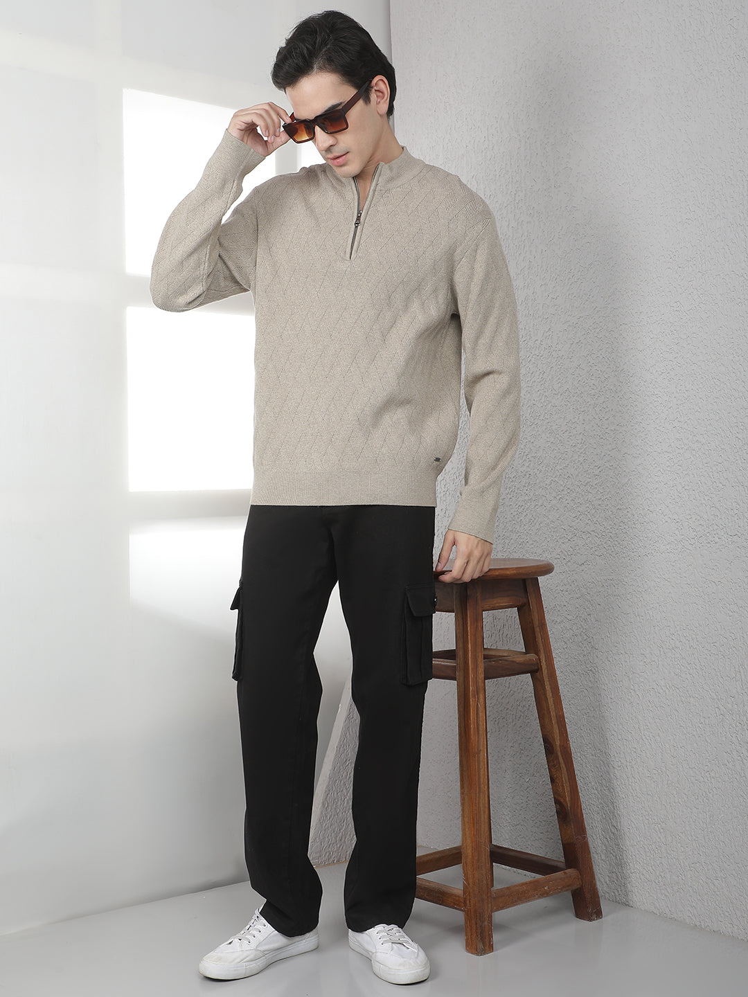 Beige Jacquard High Neck Sweater