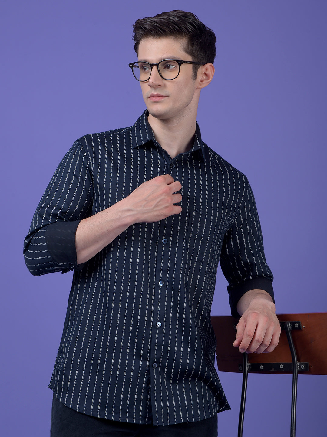 Navy Blue Vertical Stripes Shirt