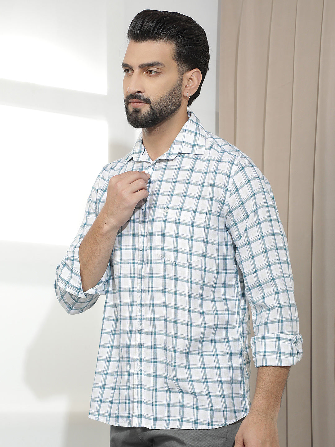 Teal Green Linen Checked Shirt