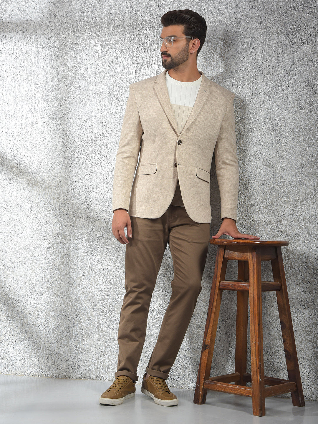 Beige Notched Lapel Single-Breasted Blazer