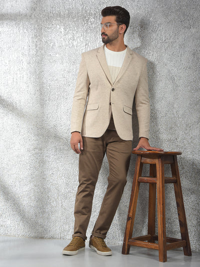 Beige Notched Lapel Single-Breasted Blazer
