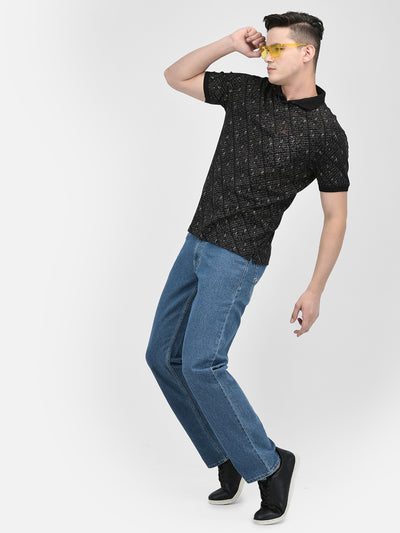 Black Printed 100% Cotton Polo Neck T-Shirt