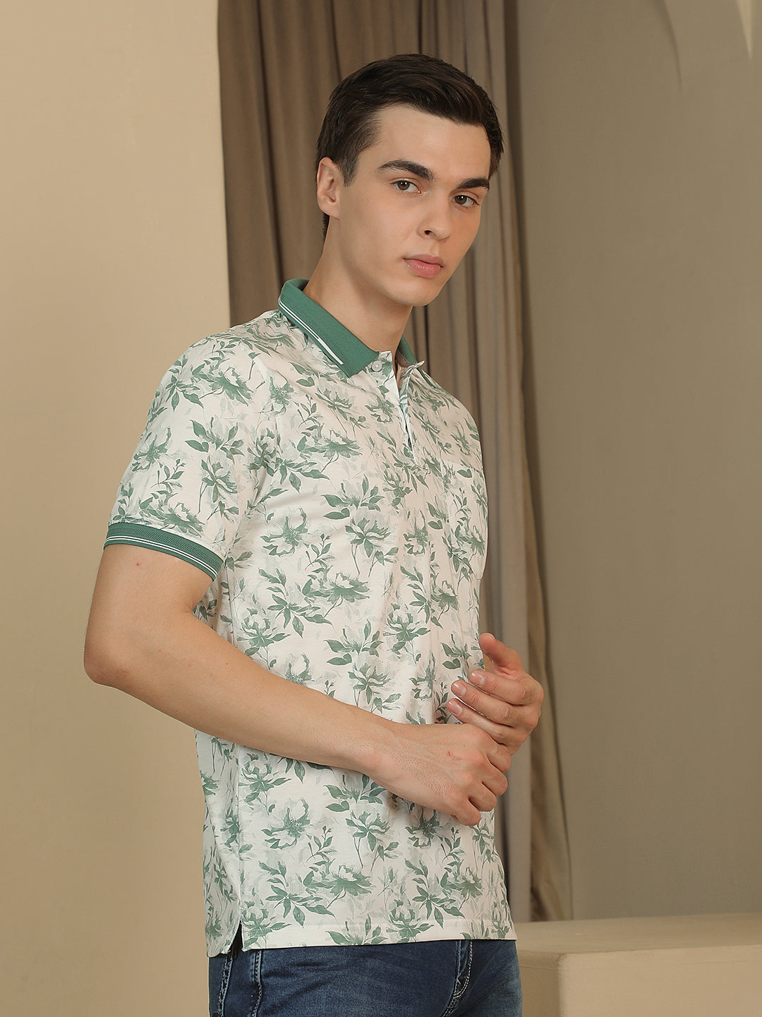 Green Floral Print Polo Neck T-Shirt