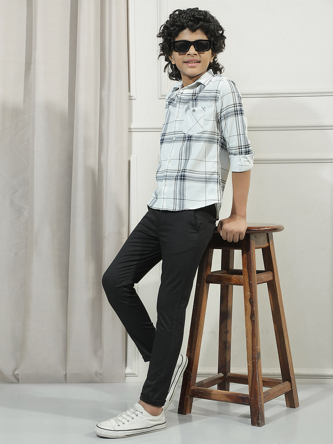 White Checked 100% Cotton Corduroy Shirt