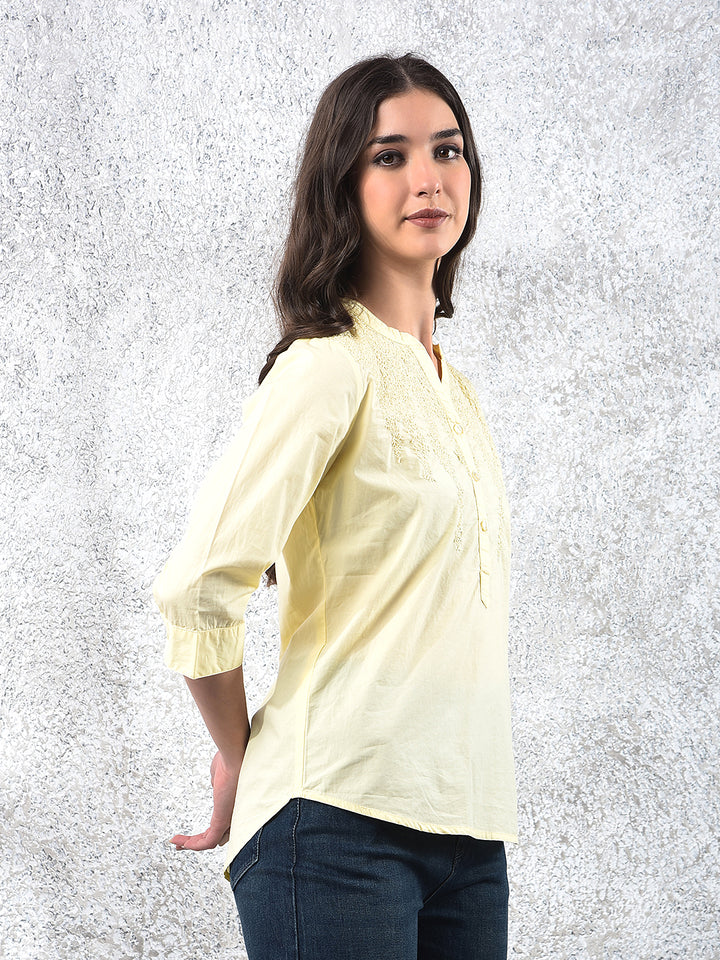 Yellow Embroidered V-Neck 100% Cotton Top