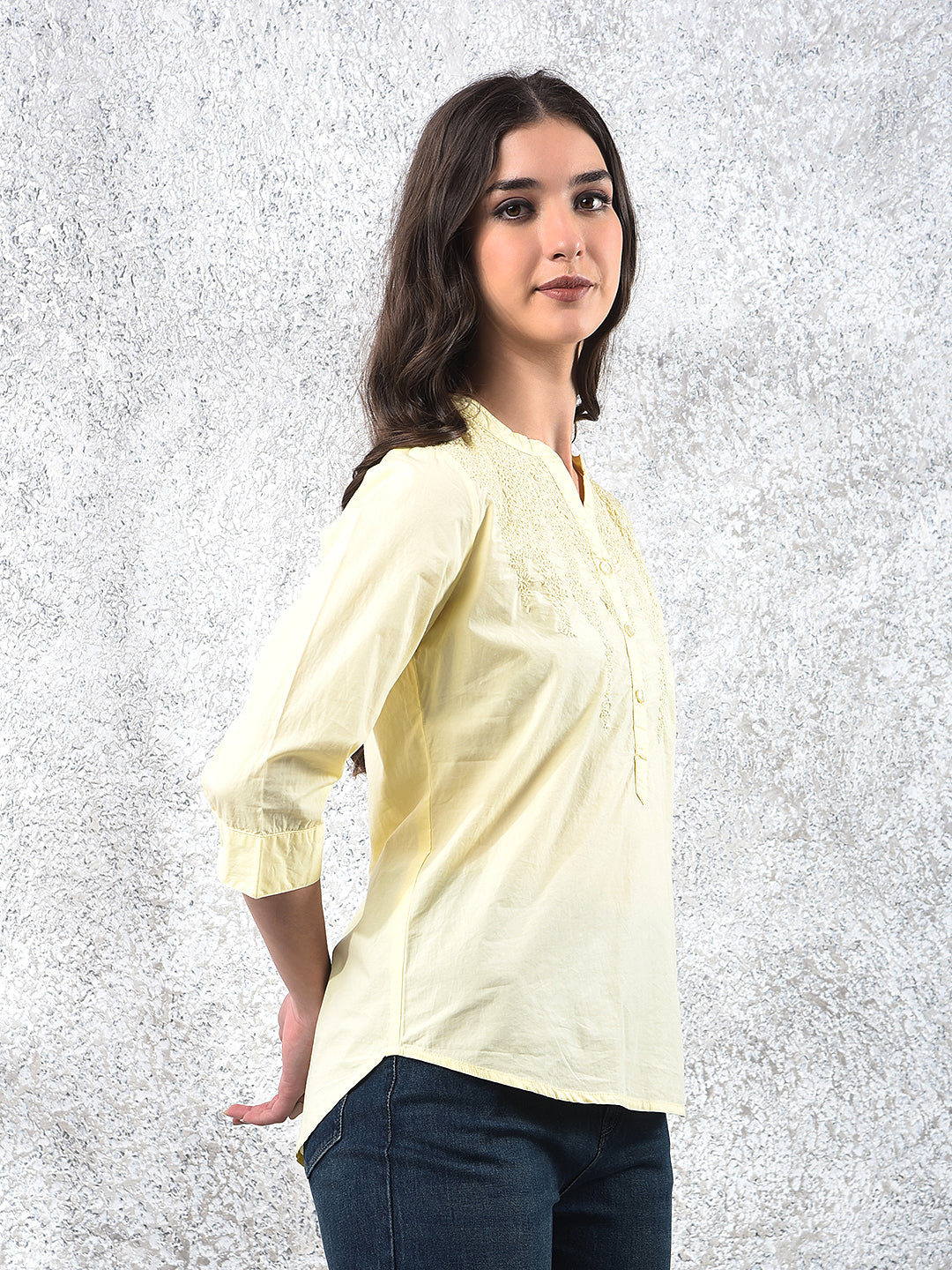 Yellow Embroidered V-Neck 100% Cotton Top