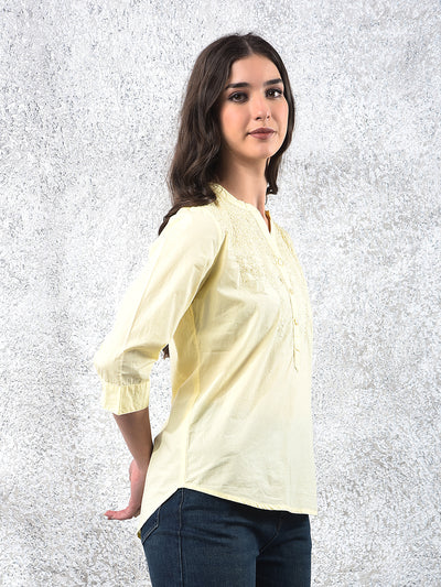 Yellow Embroidered V-Neck 100% Cotton Top