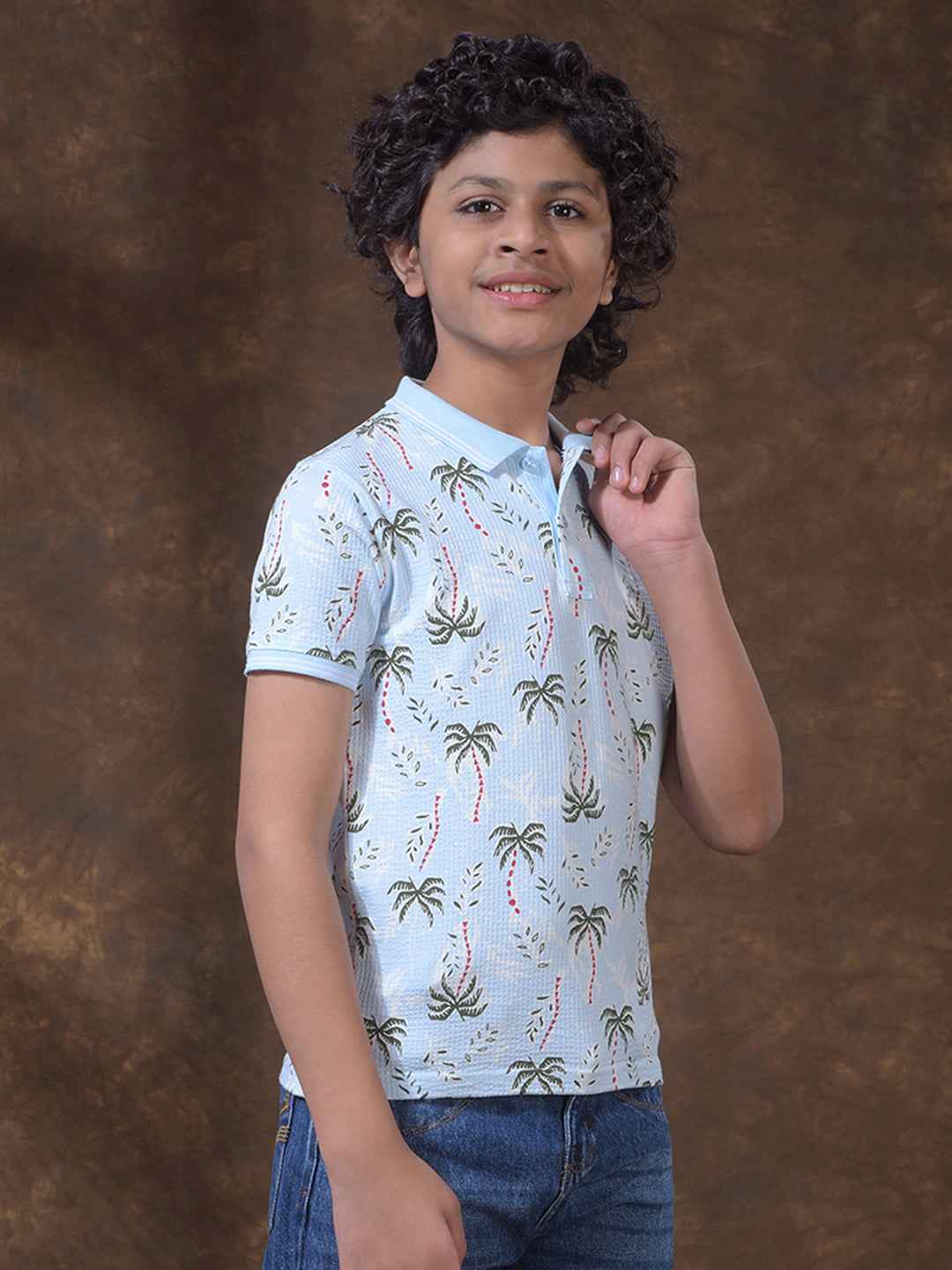 Blue Floral Print Polo Neck T-Shirt