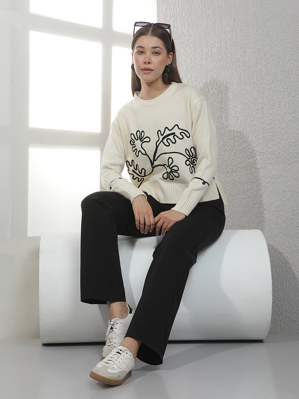 Cream Printed Acrylic Sweater-Women Sweaters-Crimsoune Club