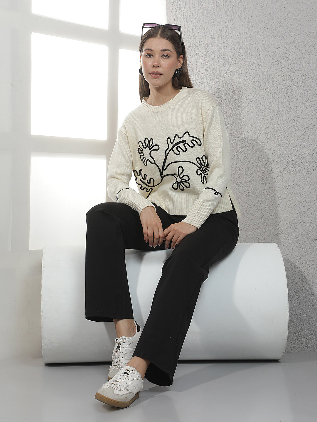 Cream Printed Acrylic Sweater-Women Sweaters-Crimsoune Club