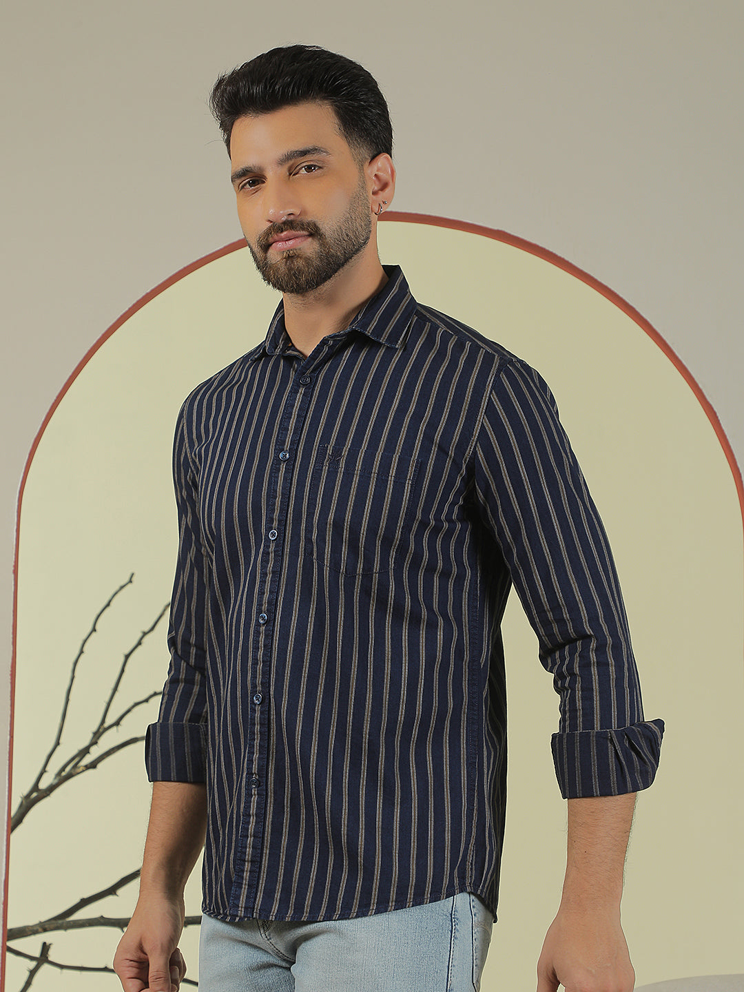 Navy Blue Vertical Stripes 100% Cotton Shirt
