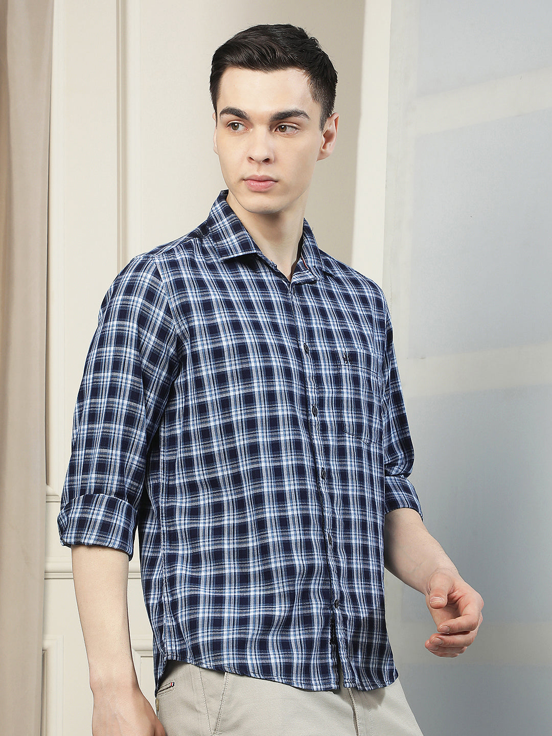 Navy Blue 100% Cotton Checked Shirt