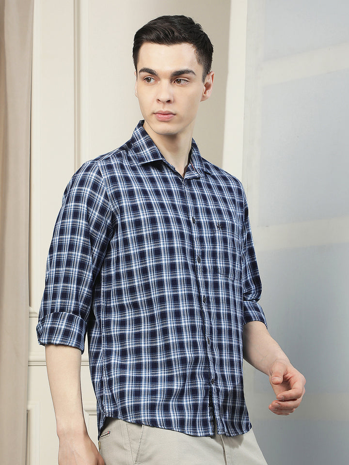 Navy Blue 100% Cotton Checked Shirt