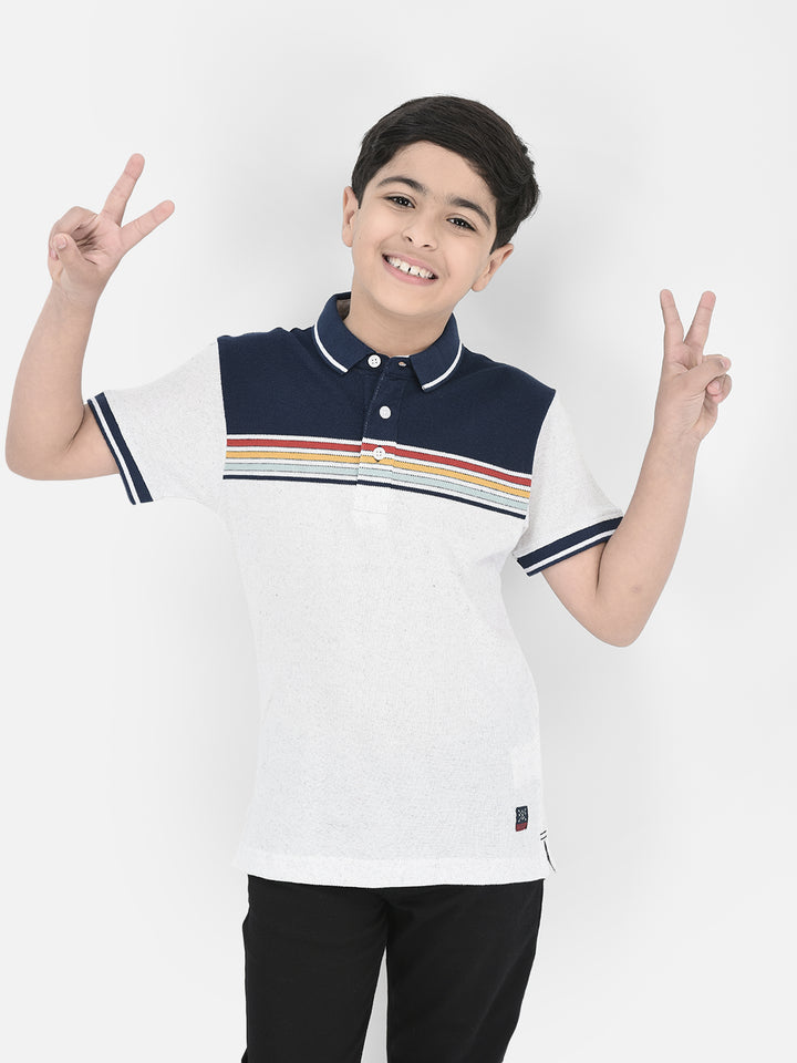 Grey Horizontal Stripes Polo Neck T-Shirt