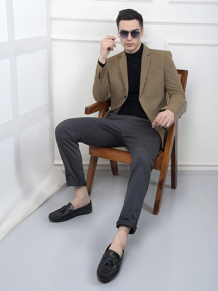 Brown Printed Notched Lapel Single Breasted Blazer