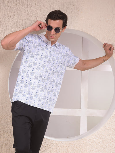 Blue Floral Print Polo Neck T-Shirt