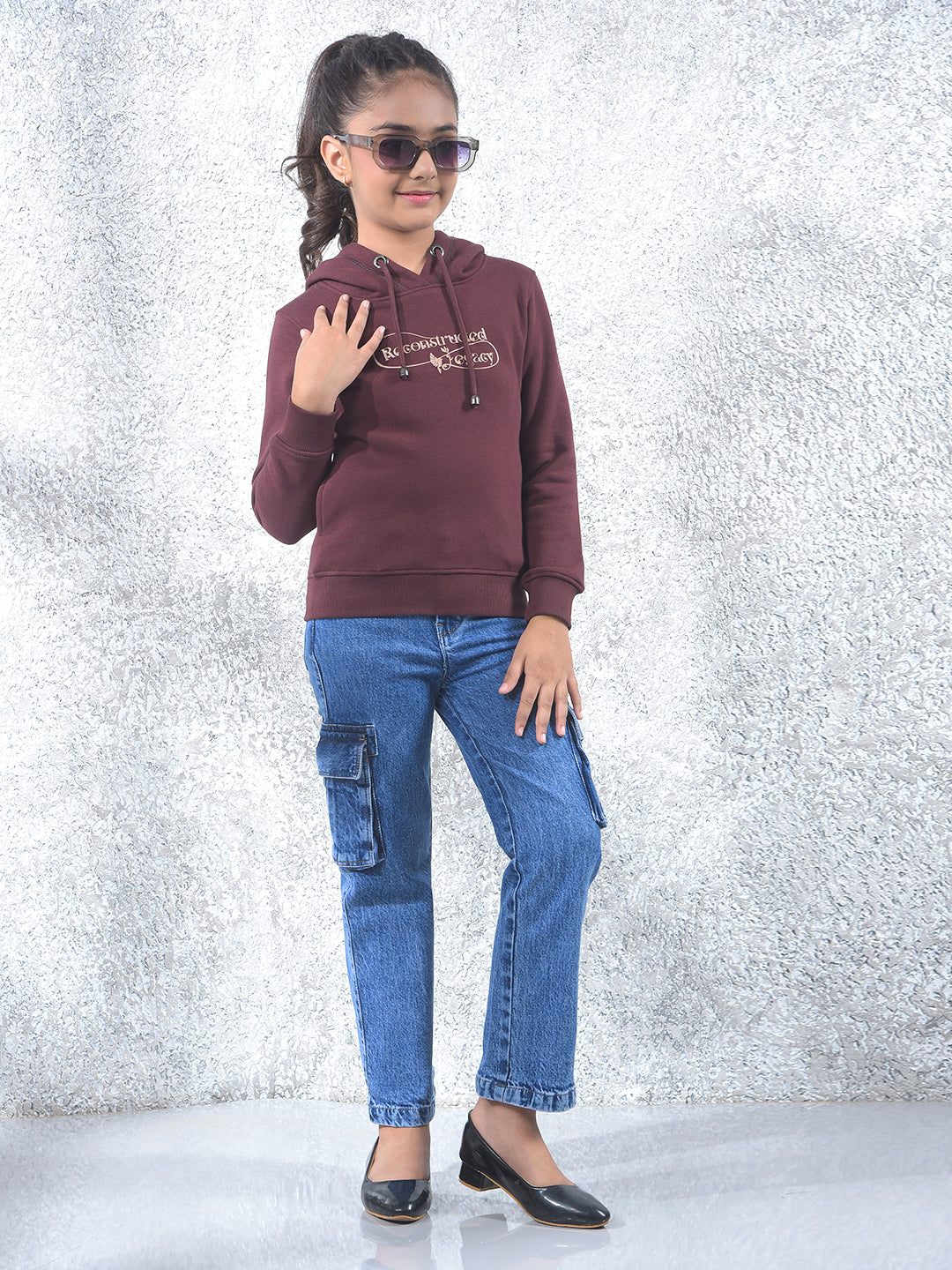 Brown Graphic Print Hooded Neck Knitted Sweatshirt